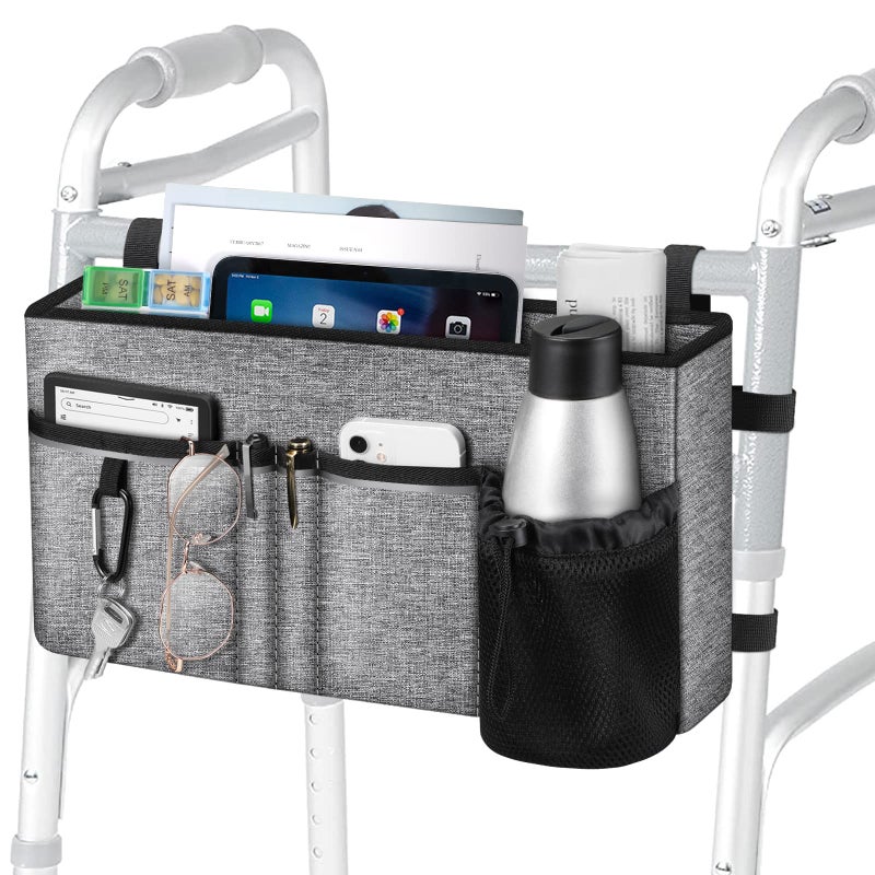 FINPAC Large Walker Tote Bag with Cup Holder Folding Walker Attachment HandsFree Storage Basket Mobility Aid Accessory Pouch for Elderly Senior Gray